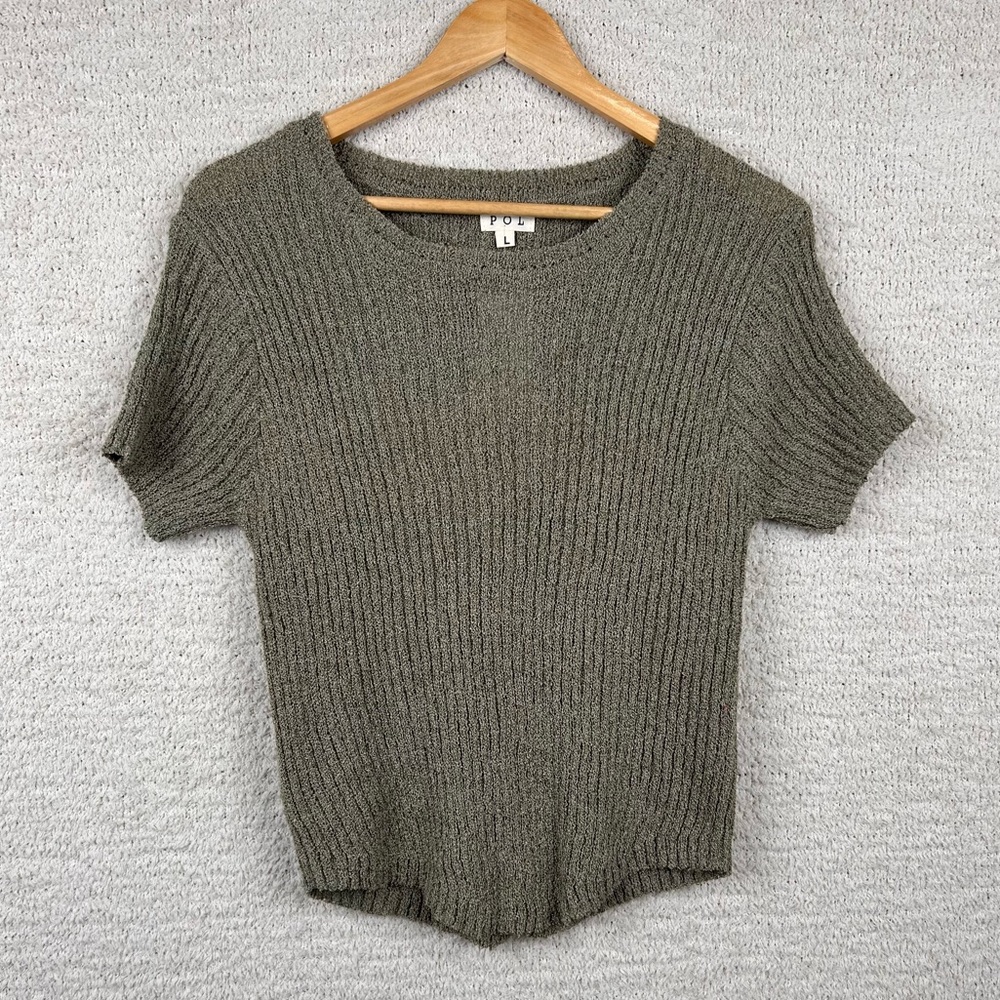 POL Top Womens L Olive Green Rooted Short Sleeve Knit Sweater SMST516